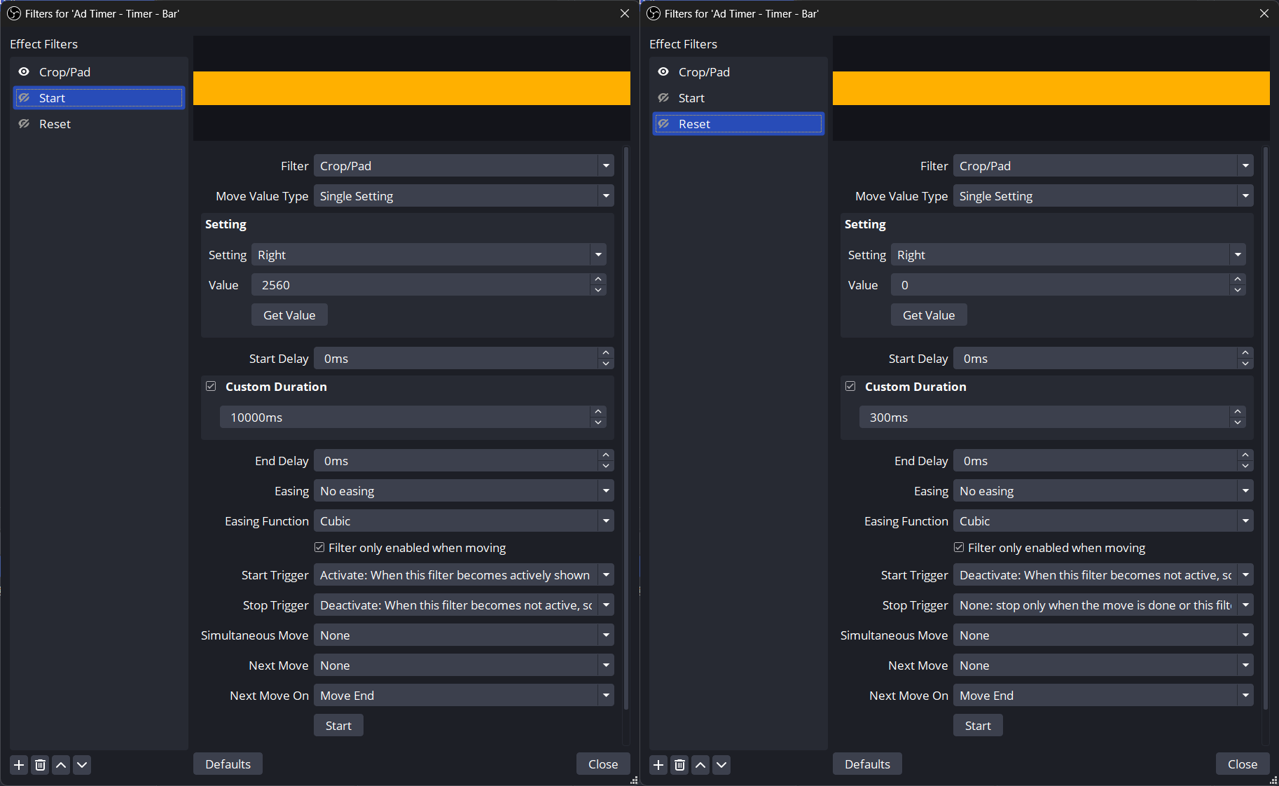 Settings for the Start and Reset filters for the Ad Timer - Clock text source.